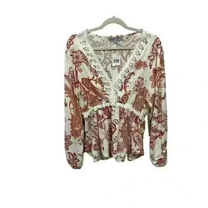 Absolutely Famous NWT Womens XL Red White Paisley Crocheted Blouse Long Sleeve
